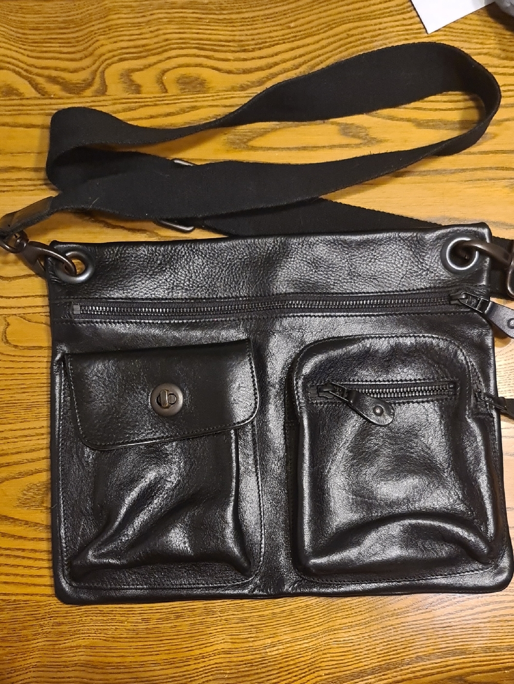 Roots Black Leather Messenger Bag with Front Pockets